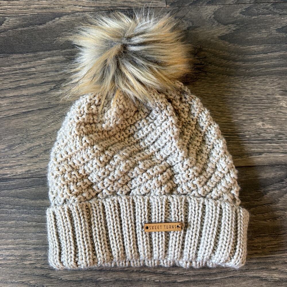 Sweet Turns Wool Blend Cable Knit Beanie Faux Fur Pom Fleece Lined Boho Hat